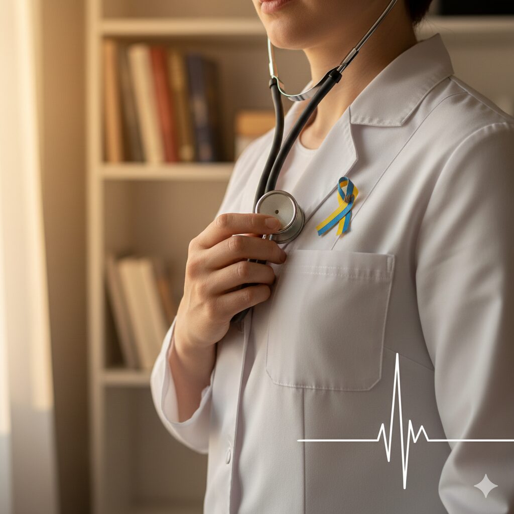 З Днем медичного працівника! 2 Doctor in white coat with Ukrainian yellow and blue ribbon and stethoscope